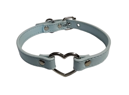 Ice blue faux leather heart ring collar top view