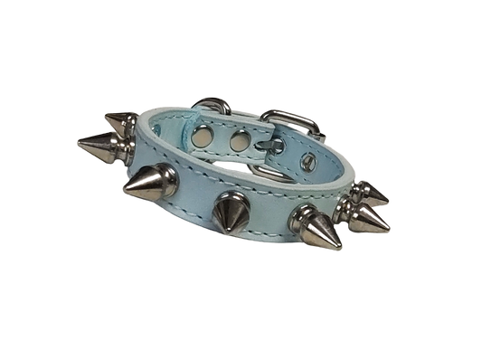 Ice blue faux leather spiked cuff bracelet front view