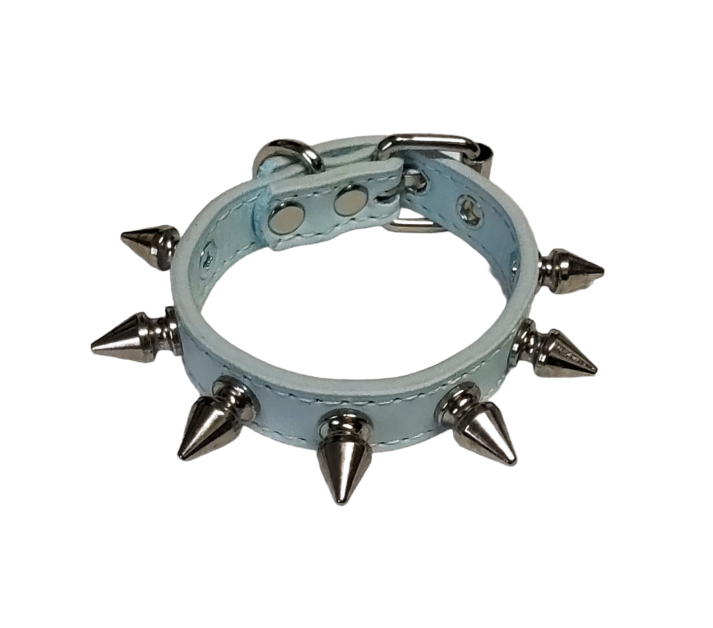 Ice blue faux leather spiked cuff bracelet top view