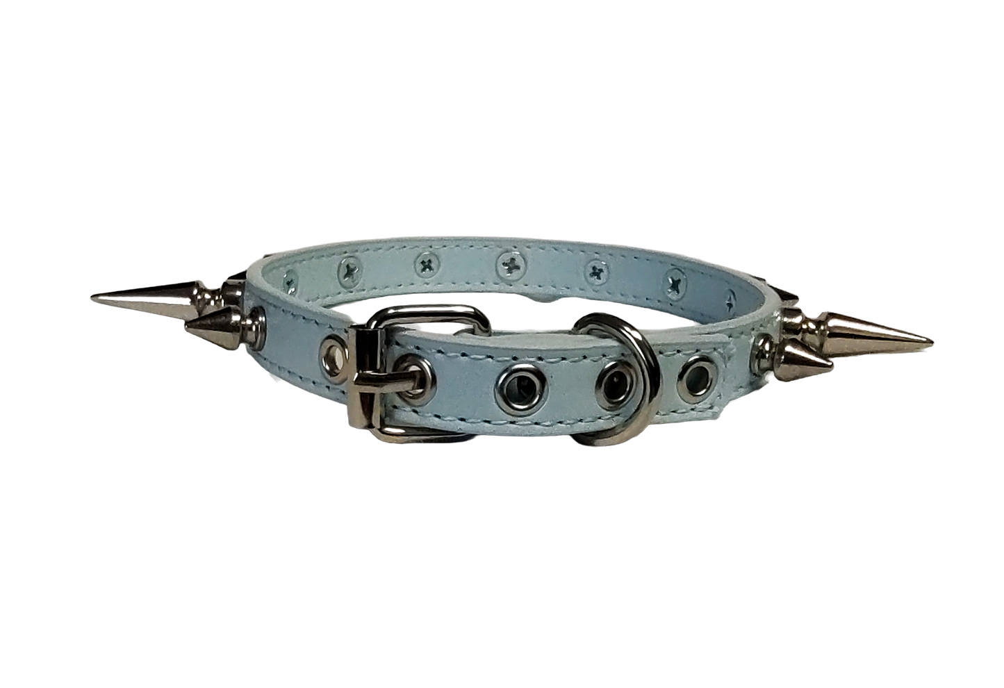 Ice blue faux leather spiked collar with alternating size tree spikes back view