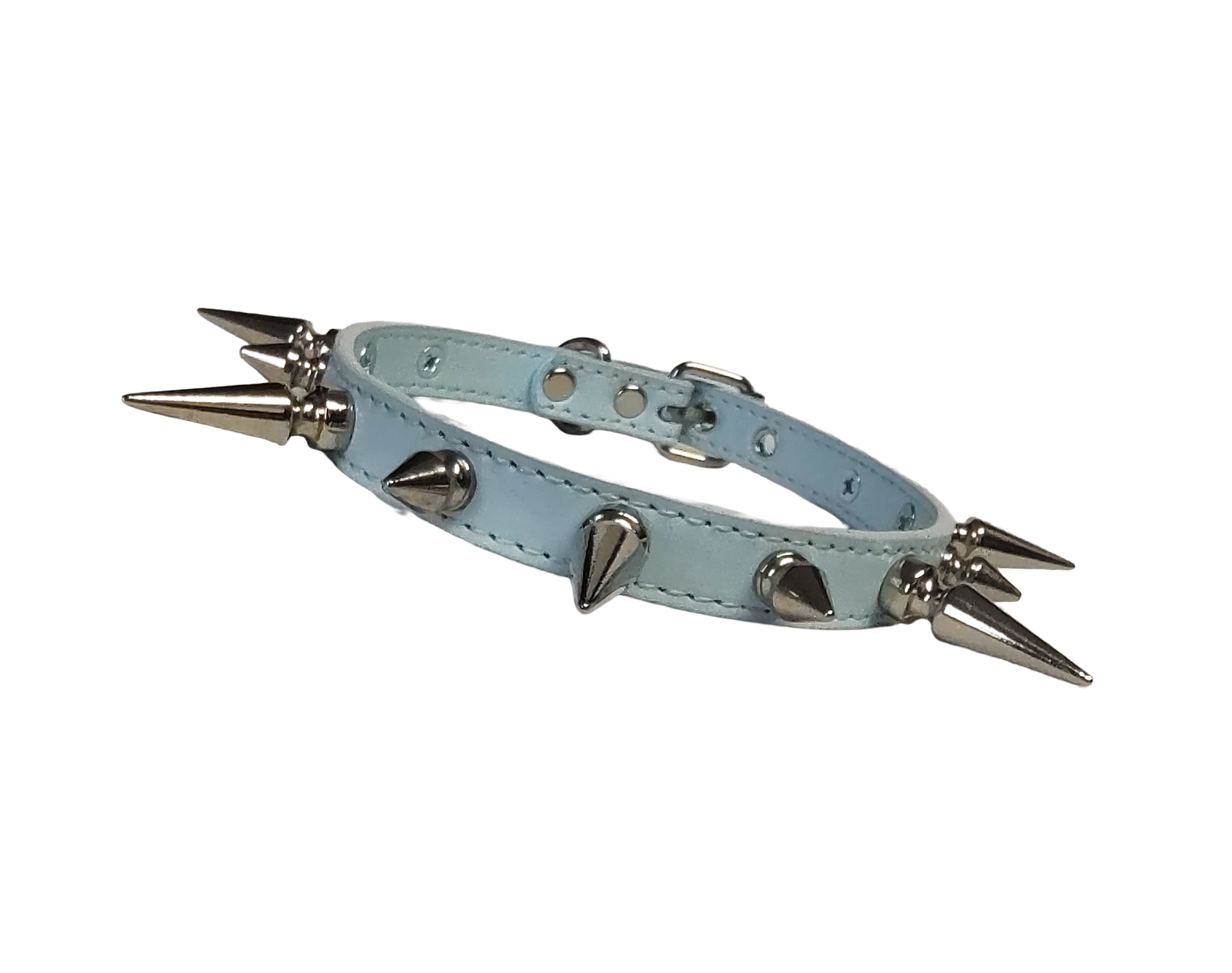 Ice blue faux leather spiked collar with alternating size tree spikes front view