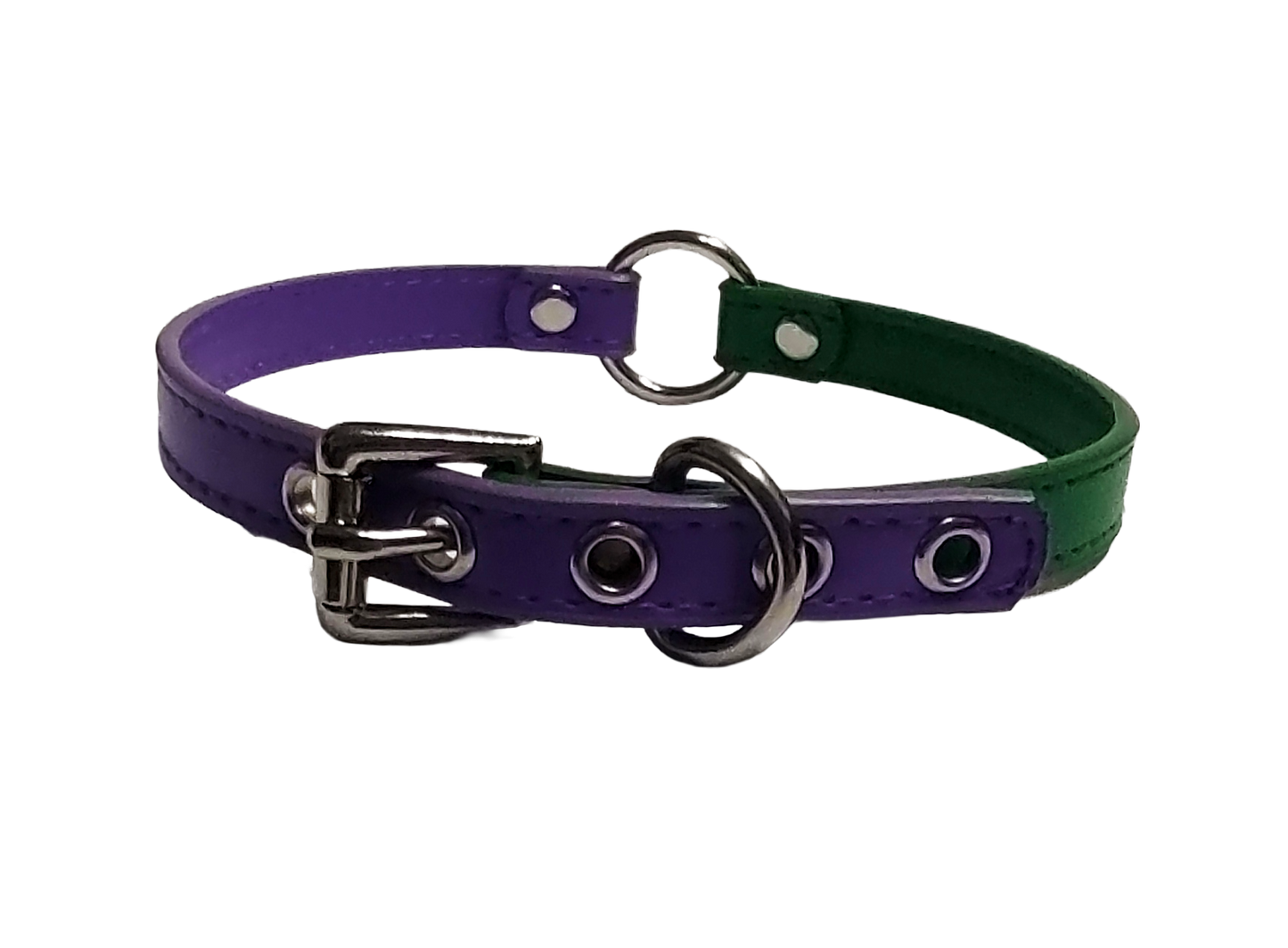 Faux leather ring choker with half green and half purple strapping back view