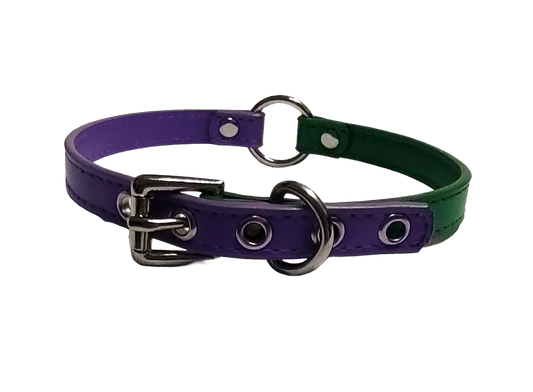 Faux leather ring choker with half green and half purple strapping back view
