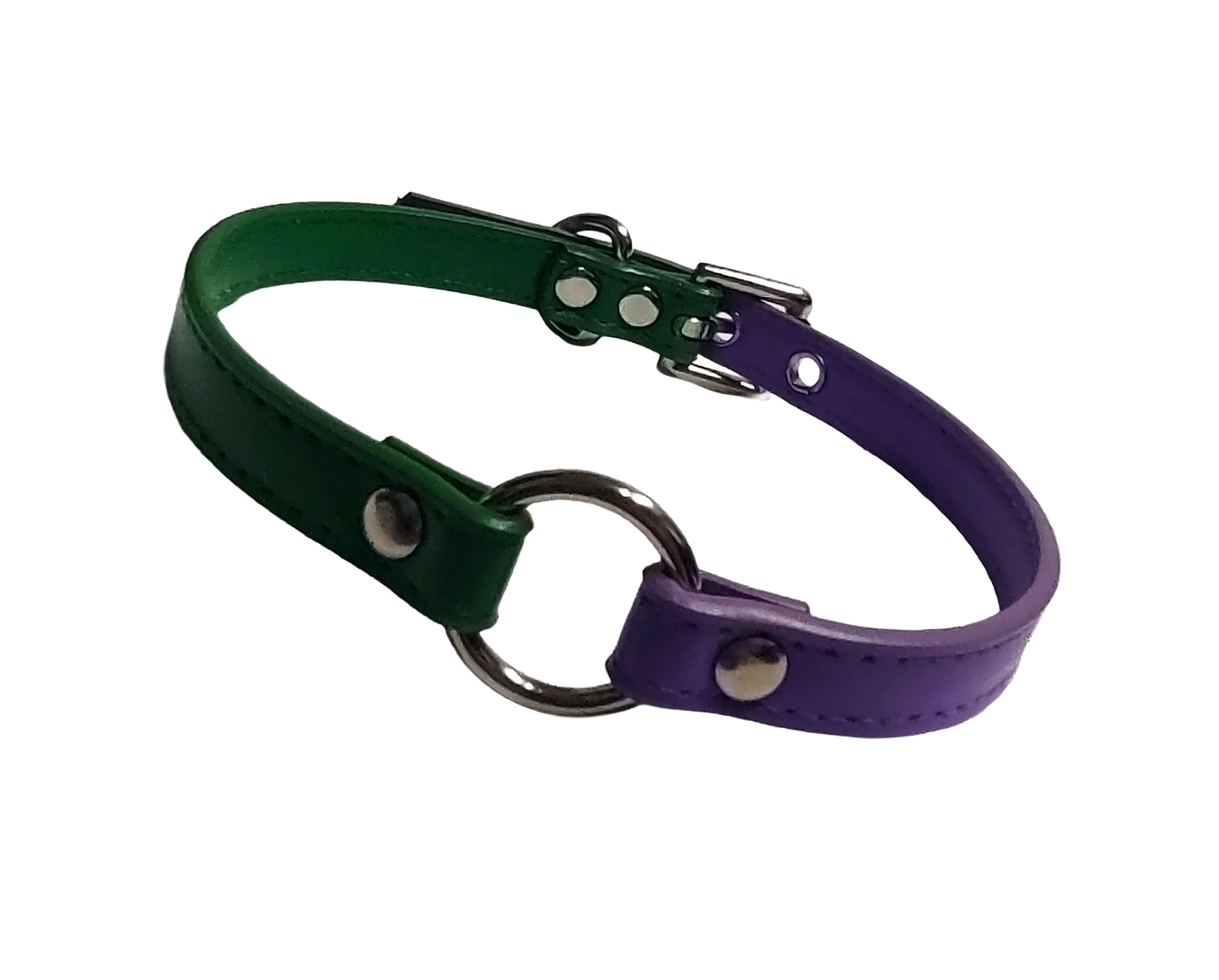 Faux leather ring choker with half green and half purple strapping front view