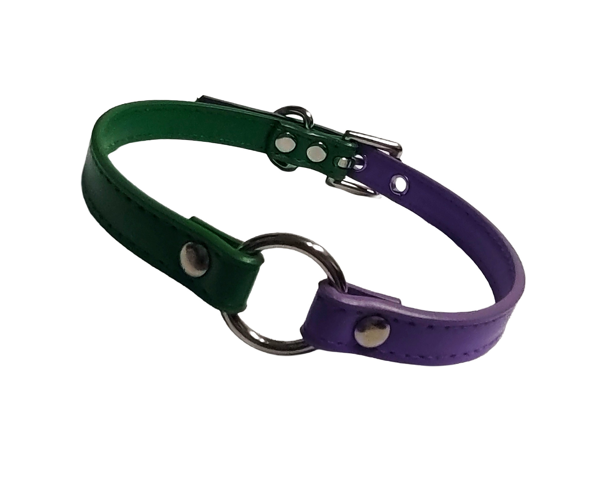 Faux leather ring choker with half green and half purple strapping front view