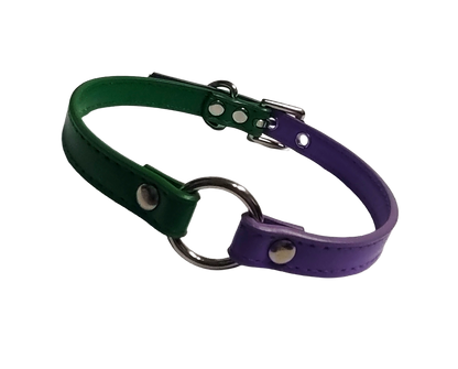 Faux leather ring choker with half green and half purple strapping front view
