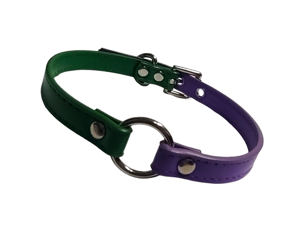 Faux leather ring choker with half green and half purple strapping front view