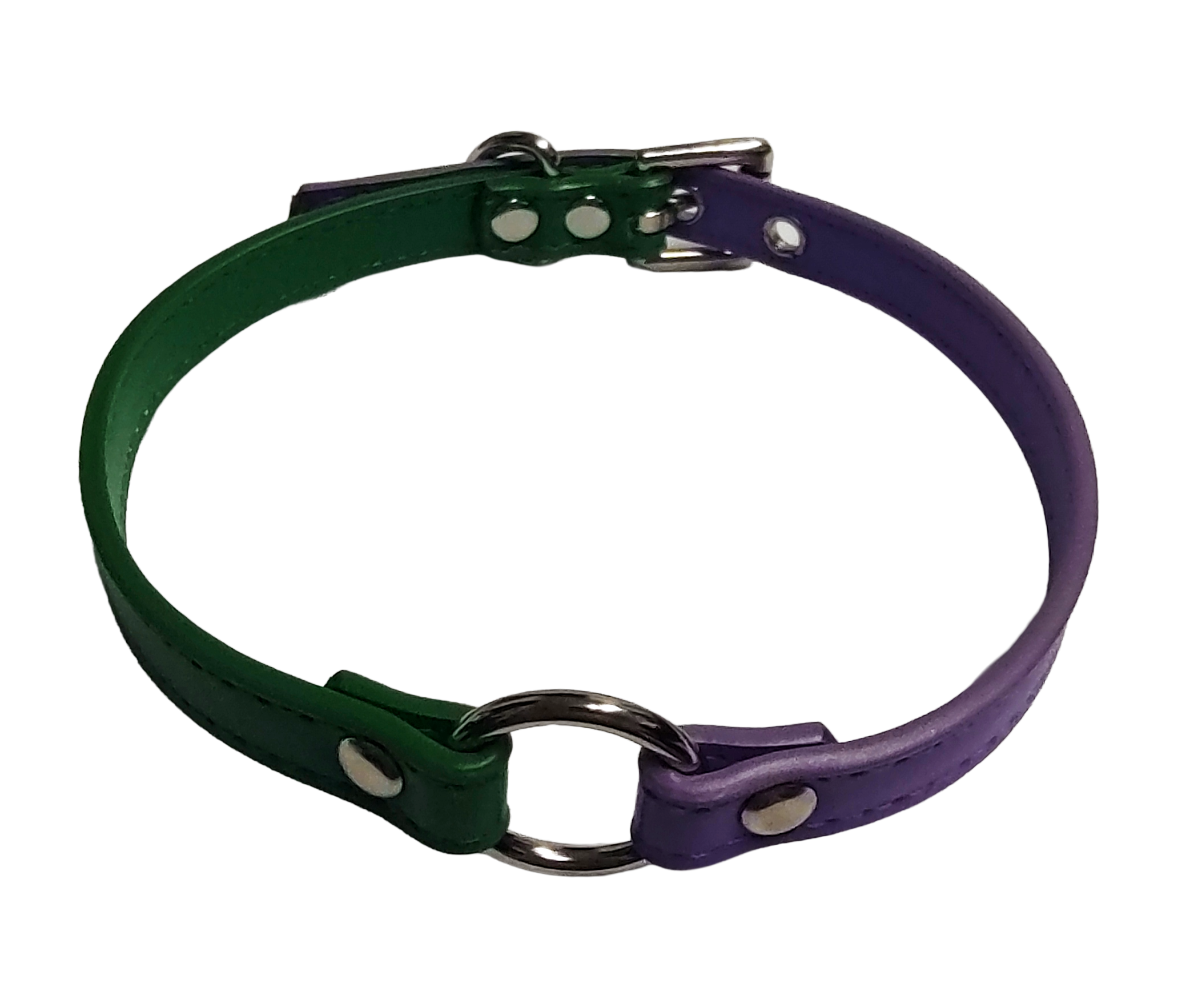Faux leather ring choker with half green and half purple strapping top view