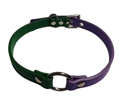Faux leather ring choker with half green and half purple strapping top view