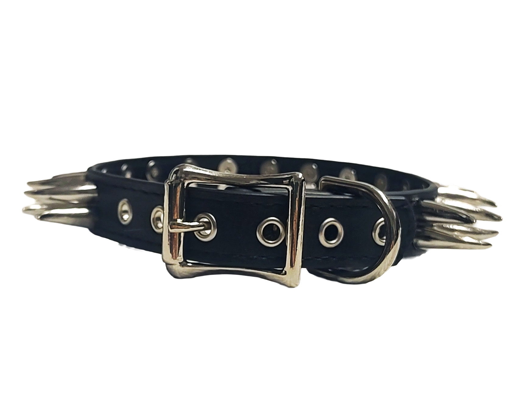 Black faux leather collar with two rows of cat claw spikes back view