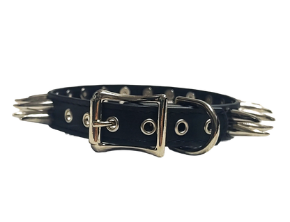 Black faux leather collar with two rows of cat claw spikes back view