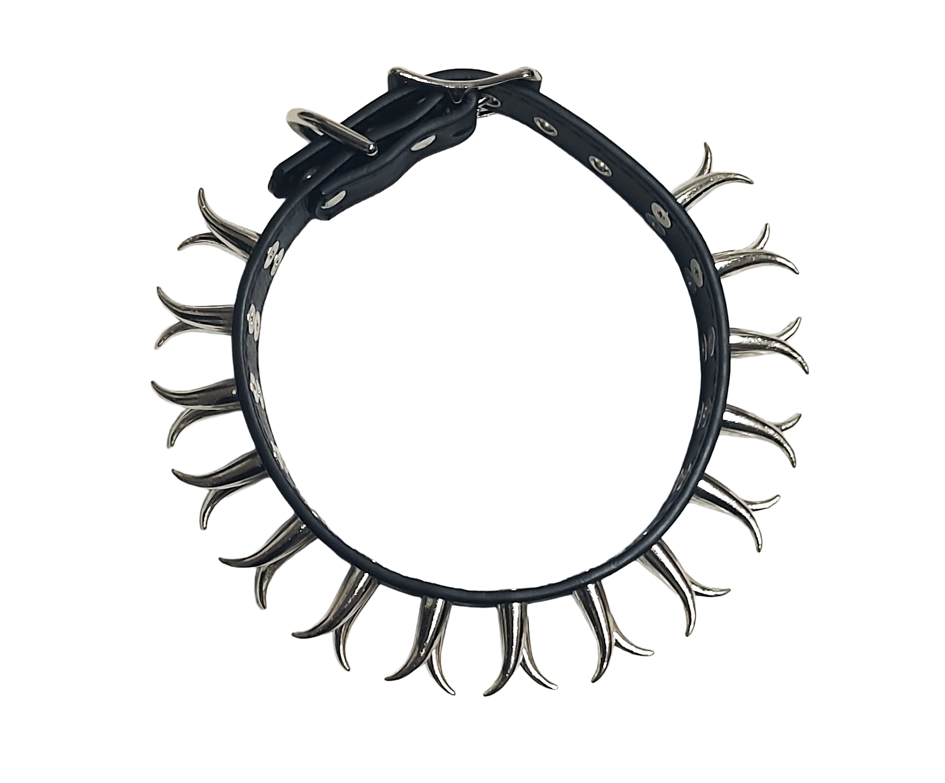 Black faux leather collar with two rows of cat claw spikes top view
