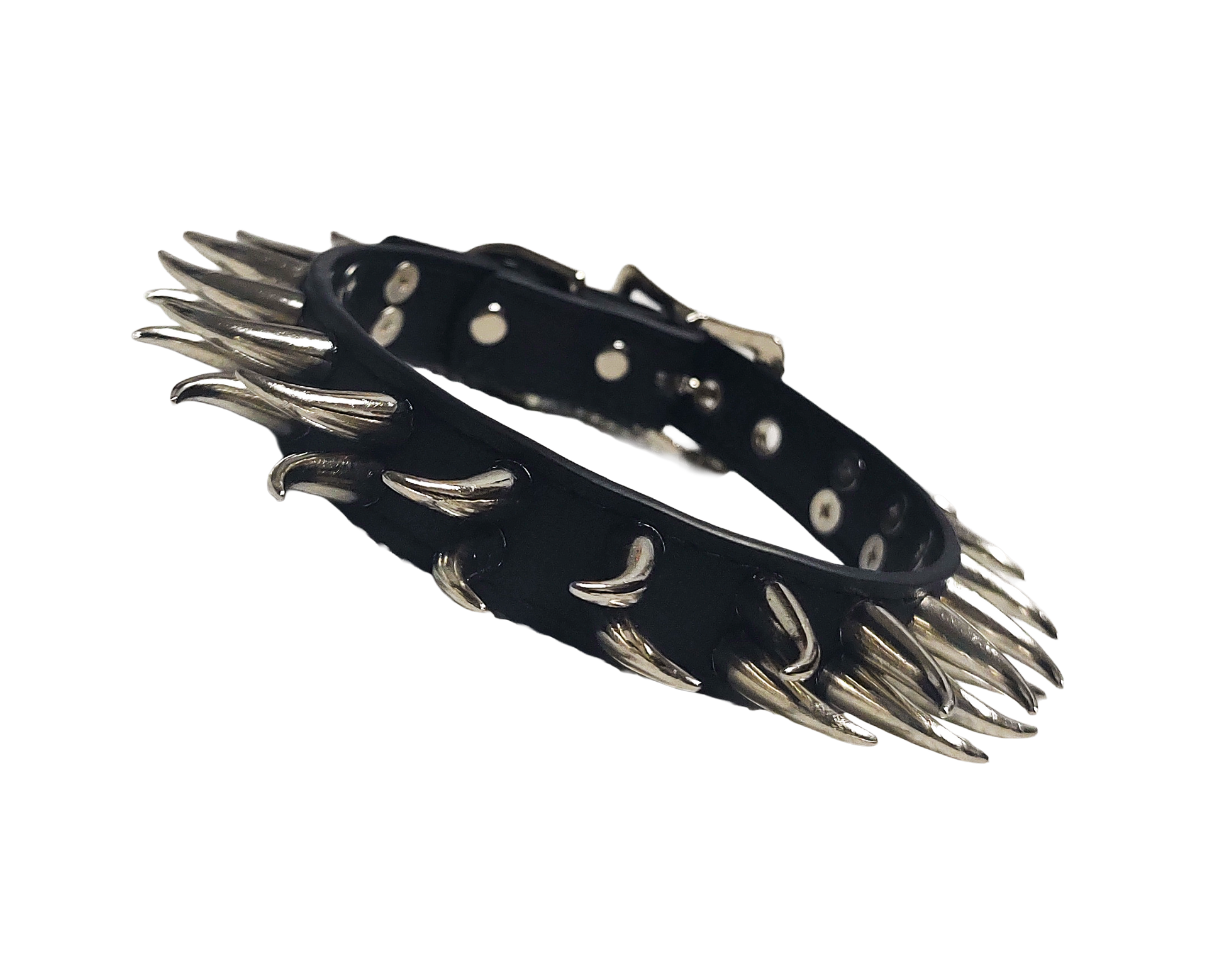 Black faux leather collar with two rows of cat claw spikes front view
