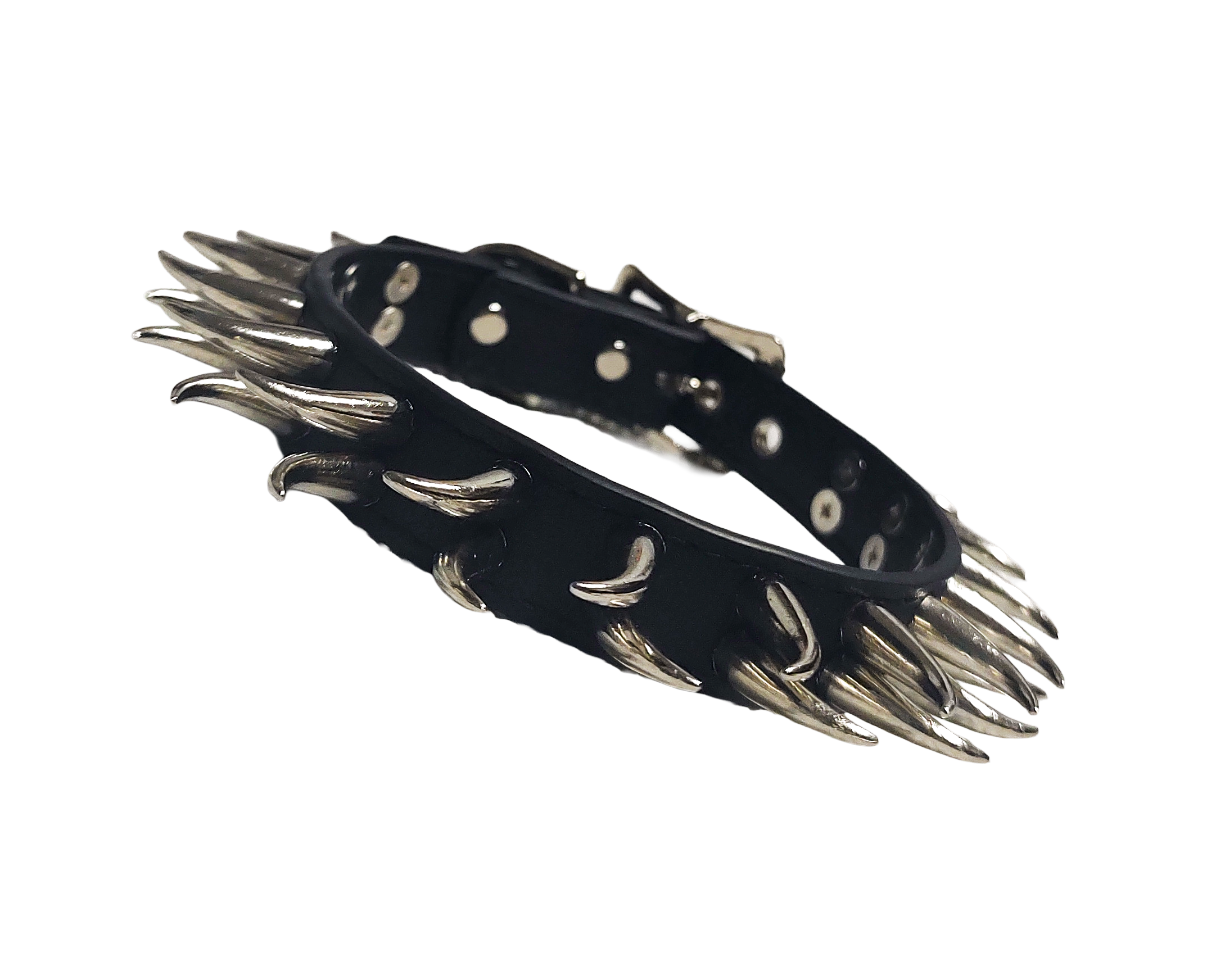 Black faux leather collar with two rows of cat claw spikes front view