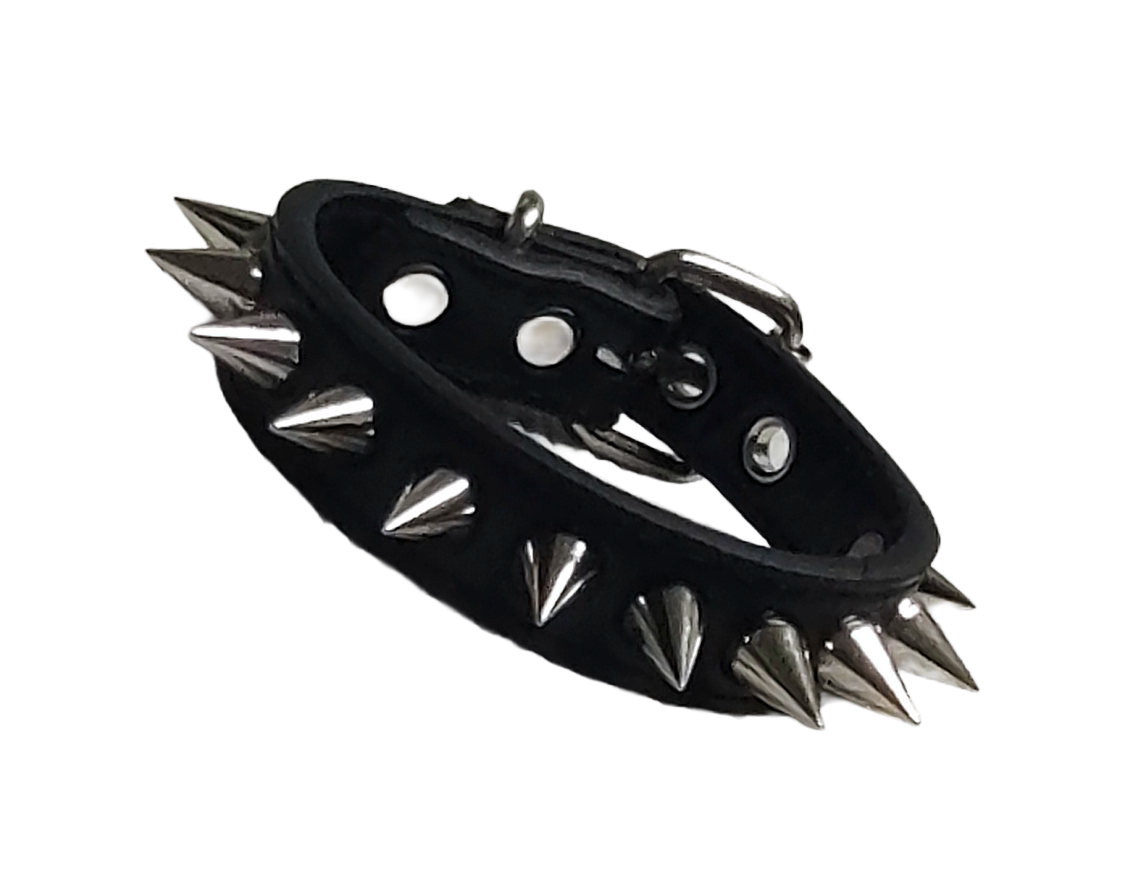 Black faux leather cuff bracelet with single row of cone spikes front view