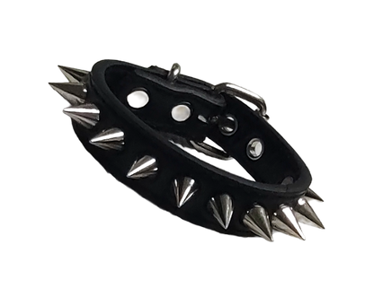Black faux leather cuff bracelet with single row of cone spikes front view