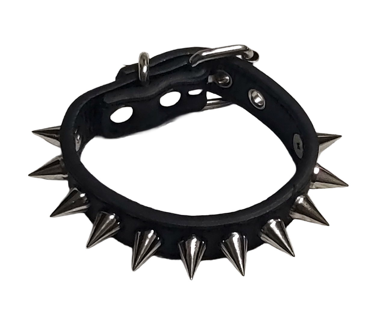 Black faux leather cuff bracelet with single row of cone spikes top view