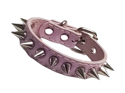 Light pink faux leather cuff bracelet with single row of cone spikes front view