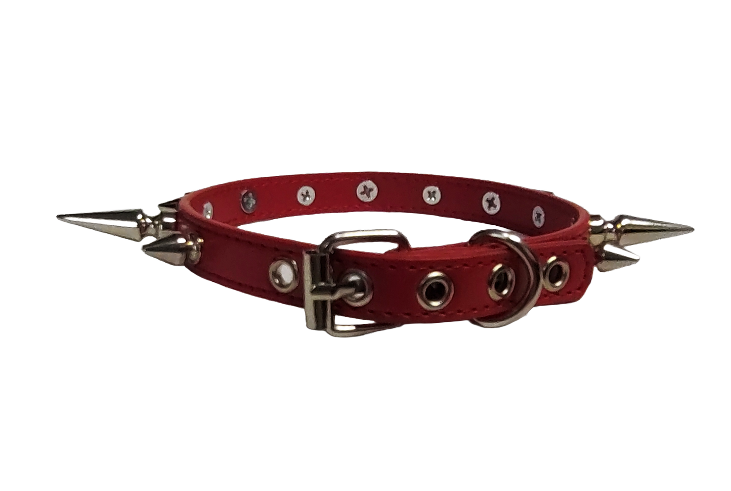 Red faux leather spiked collar with alternating tree spikes back view