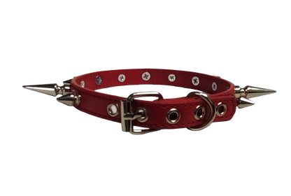 Red faux leather spiked collar with alternating tree spikes back view