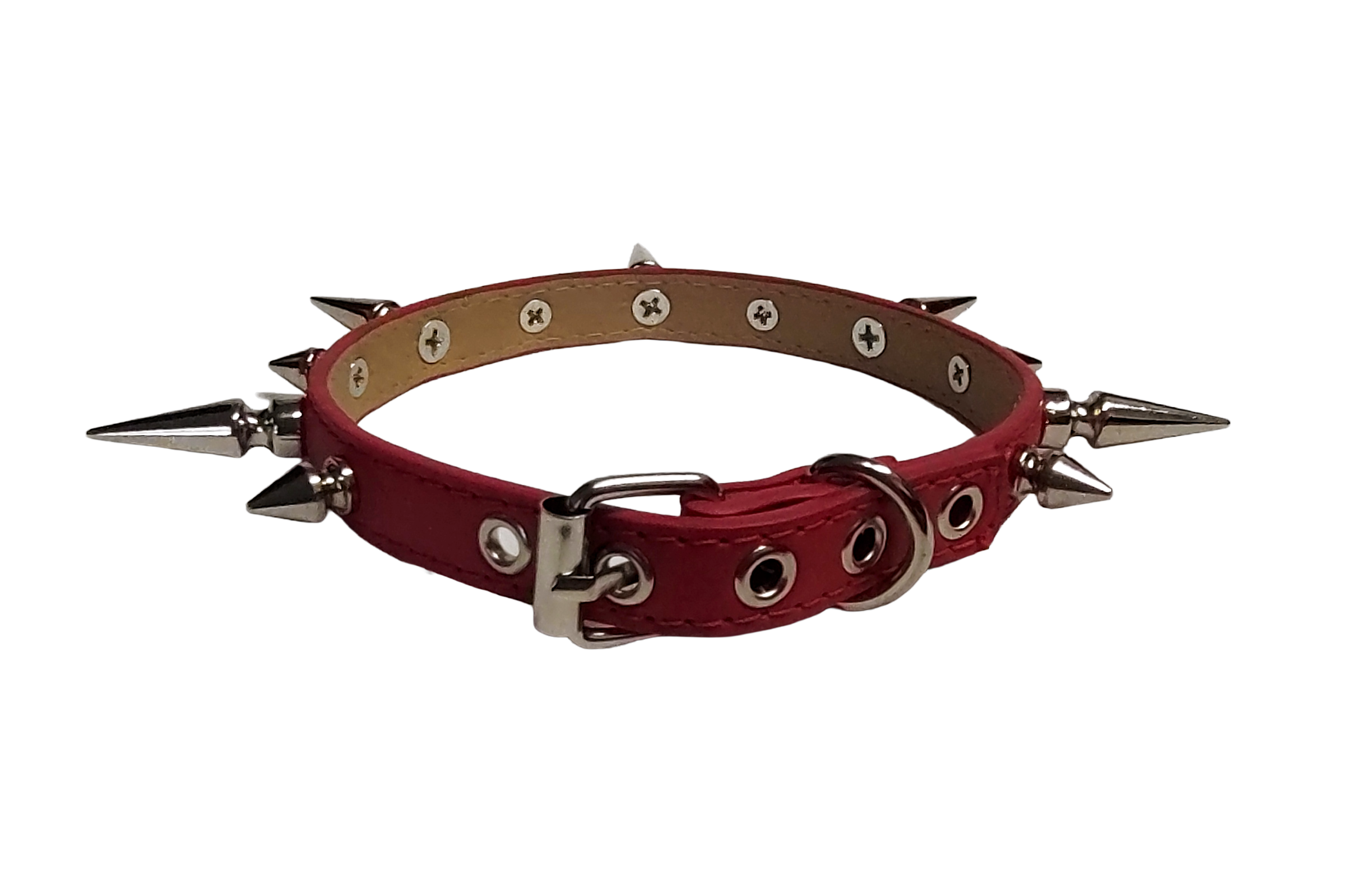 Red faux leather spiked collar with alternating tree spikes back view