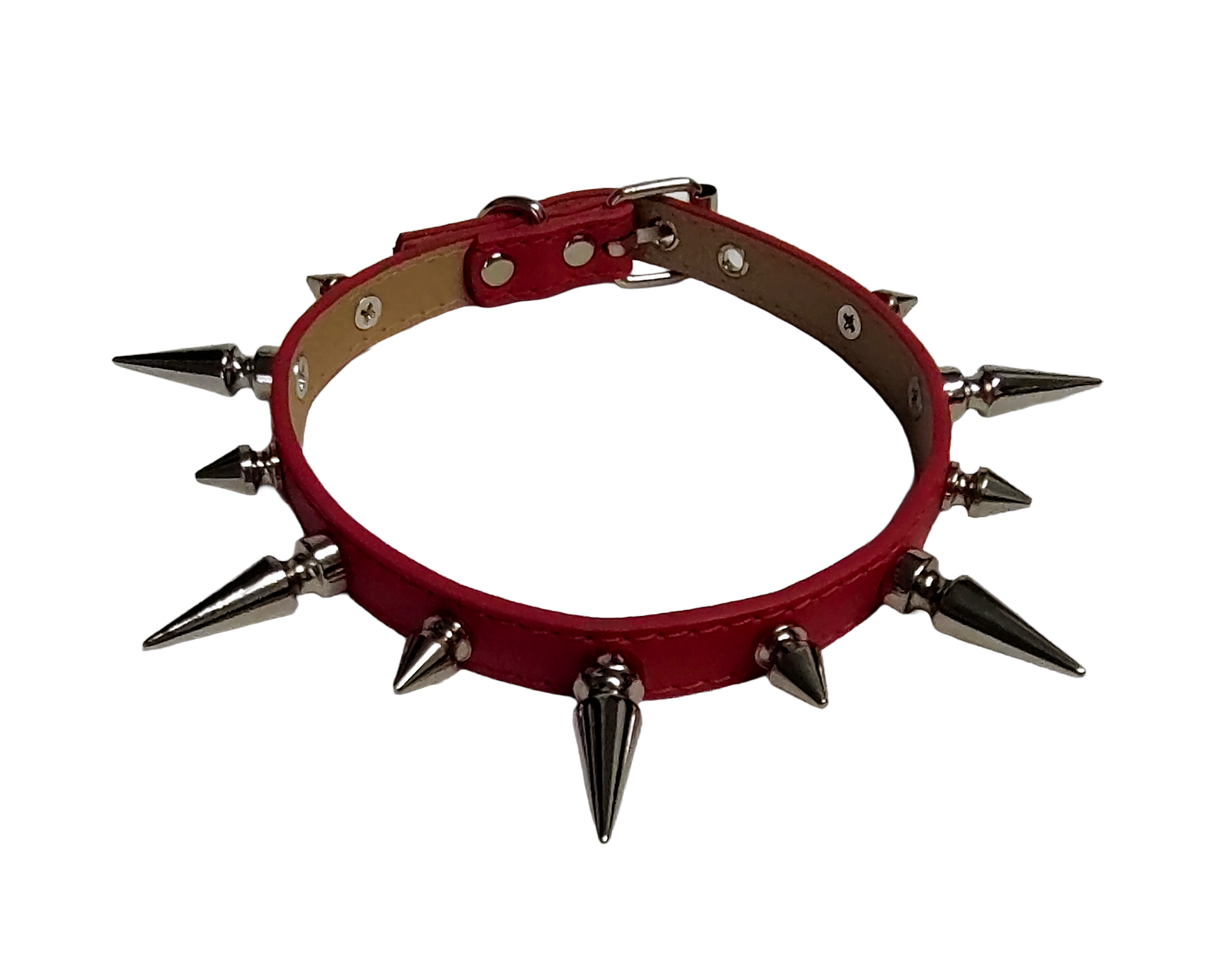 Red faux leather spiked collar with alternating tree spikes Top view