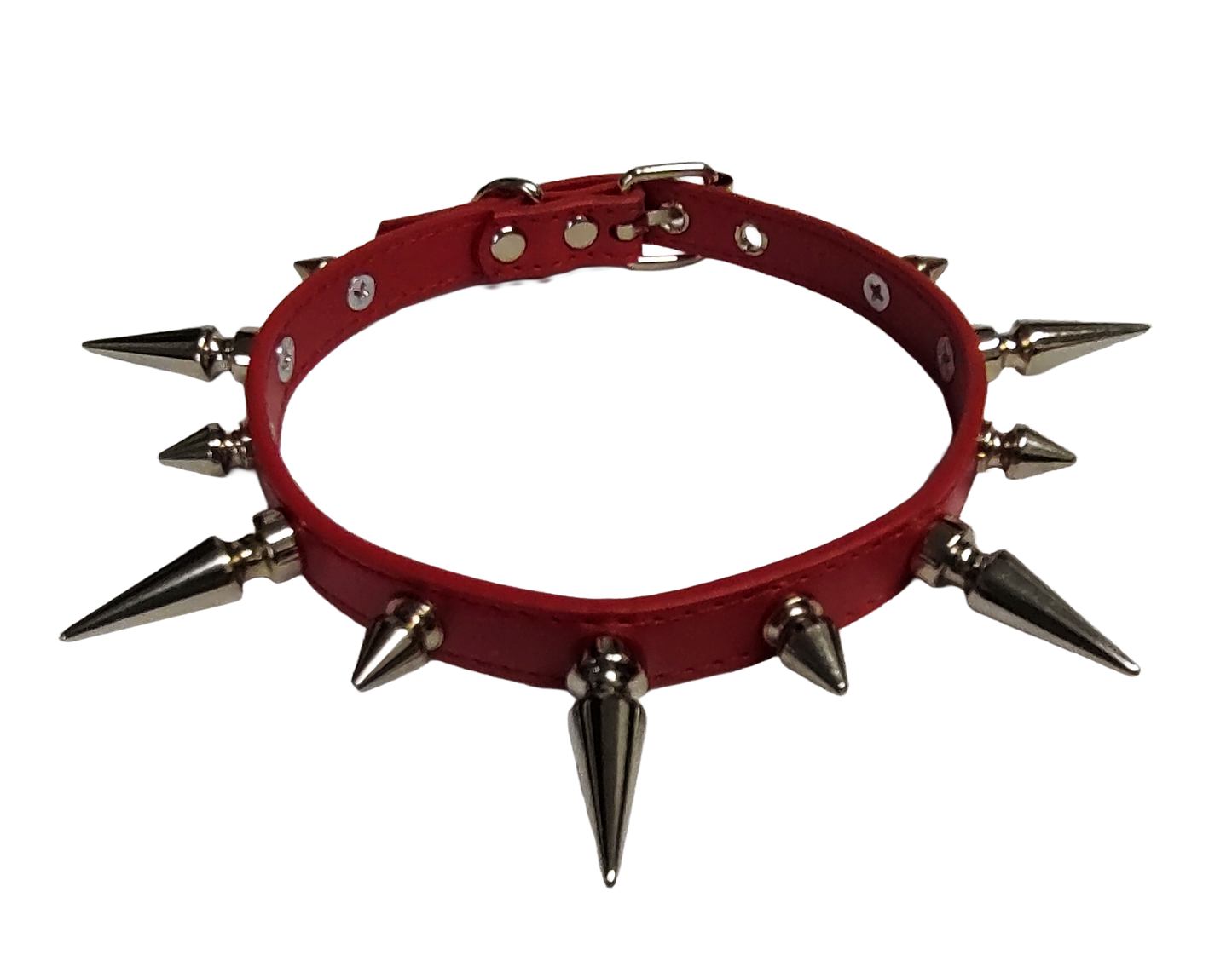Red faux leather spiked collar with alternating tree spikes top view