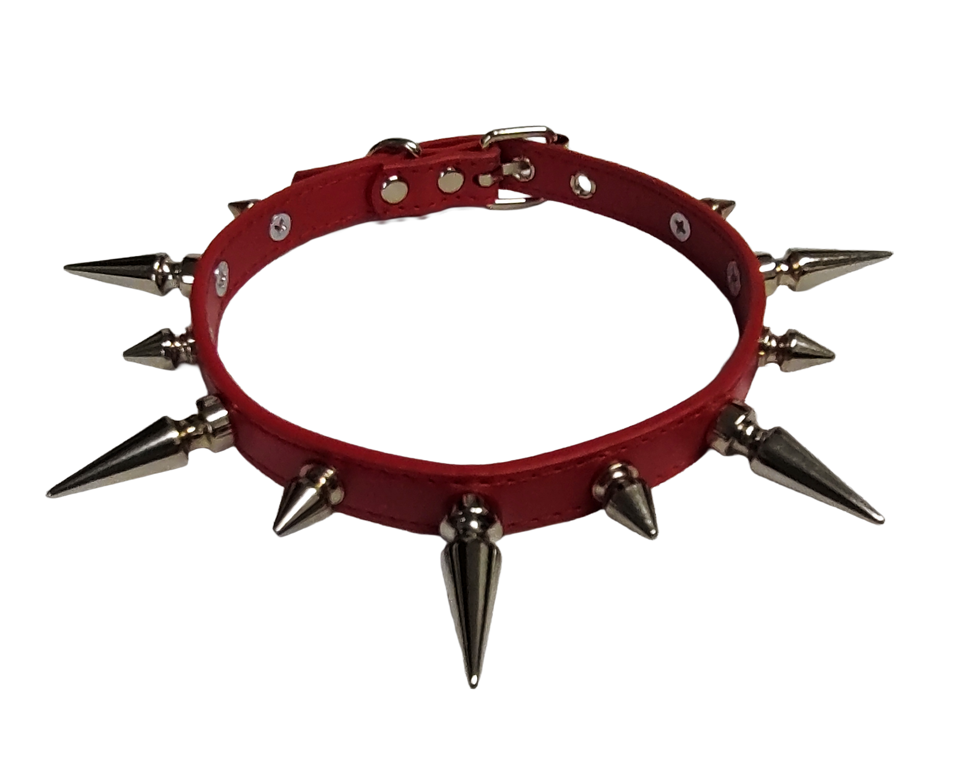 Red faux leather spiked collar with alternating tree spikes top view