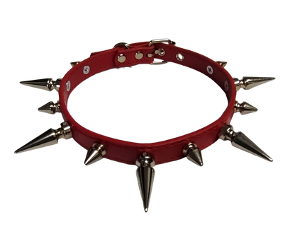 Red faux leather spiked collar with alternating tree spikes top view