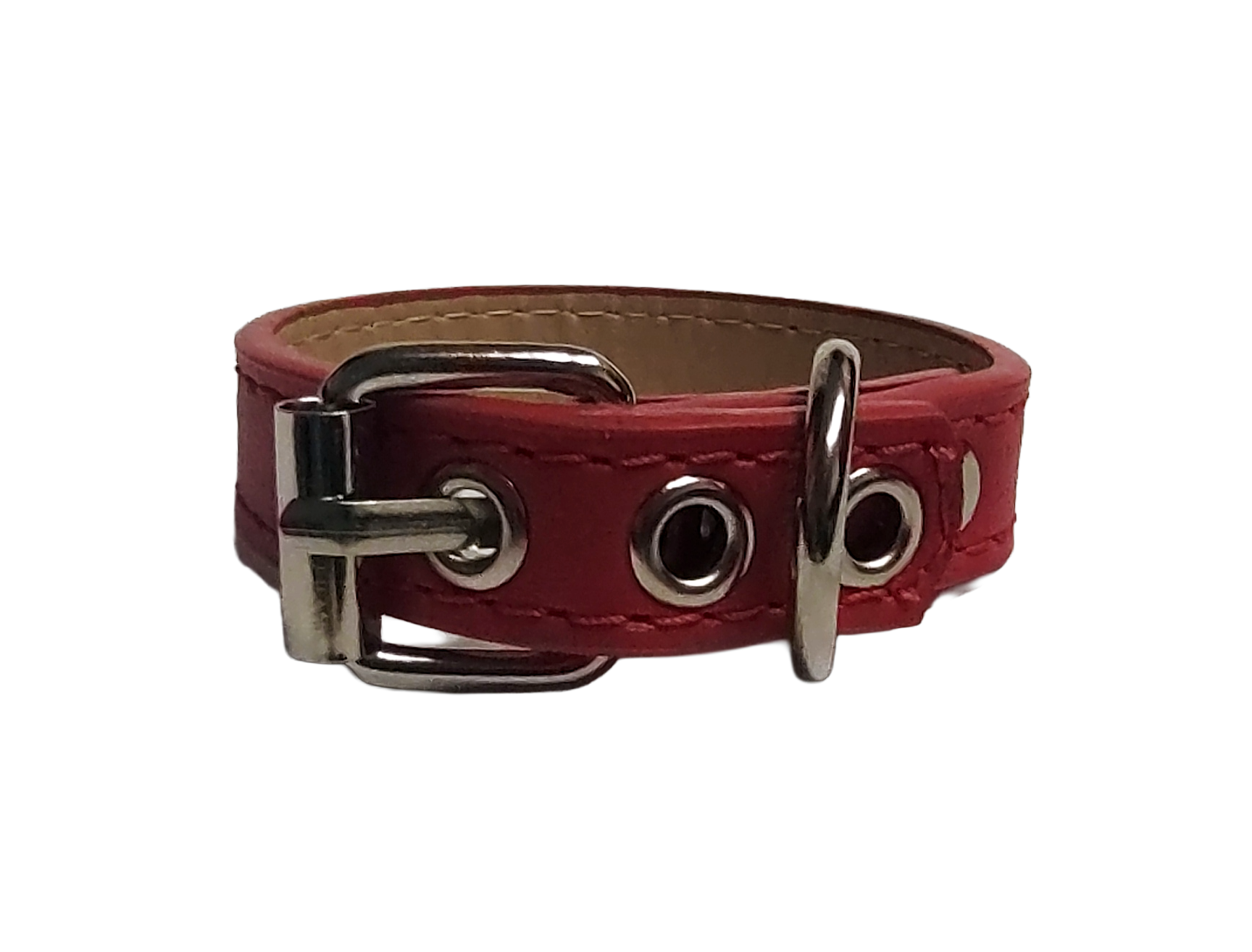Red faux leather cuff bracelet with buckle and eyelets back view