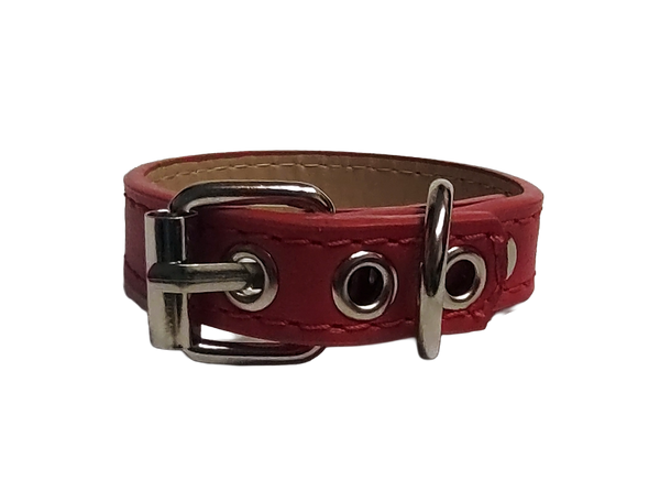Red faux leather cuff bracelet with buckle and eyelets back view