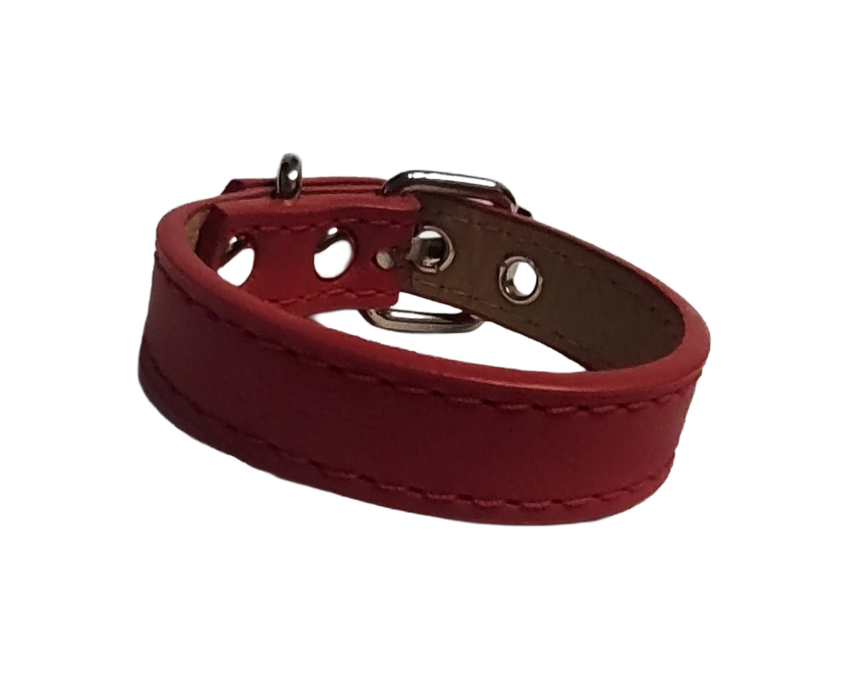 Red faux leather cuff bracelet with buckle and eyelets front view