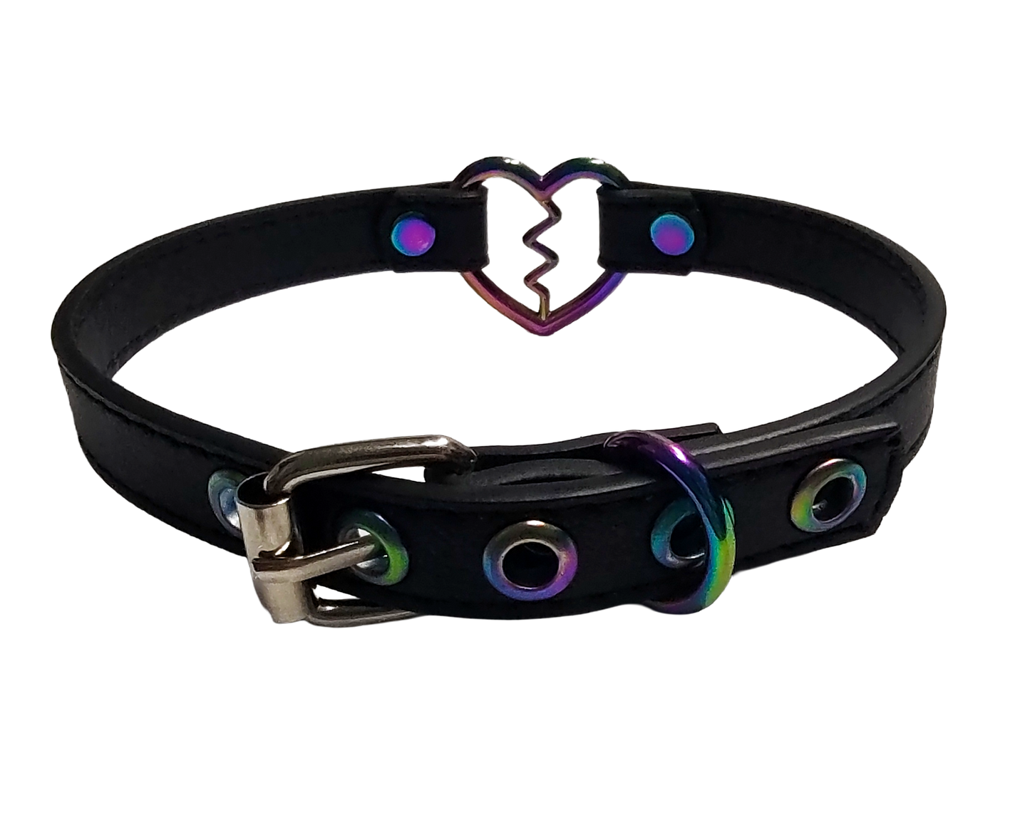 Black faux leather iridescent rainbow heart ring collar with broken heart detail back view