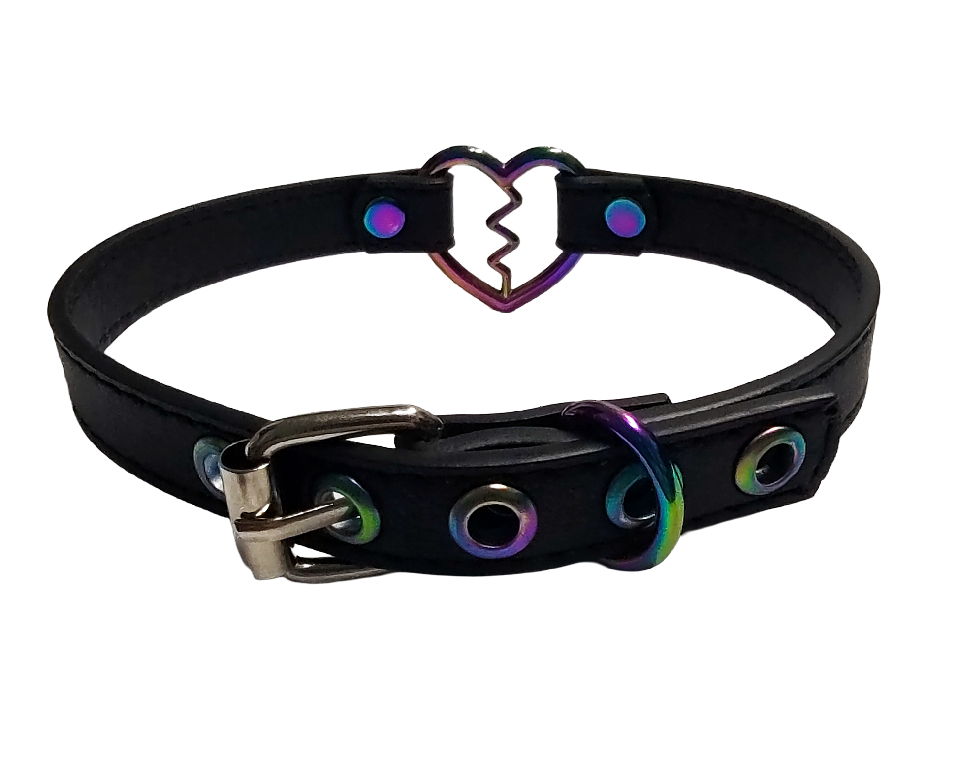 Black faux leather iridescent rainbow heart ring collar with broken heart detail back view