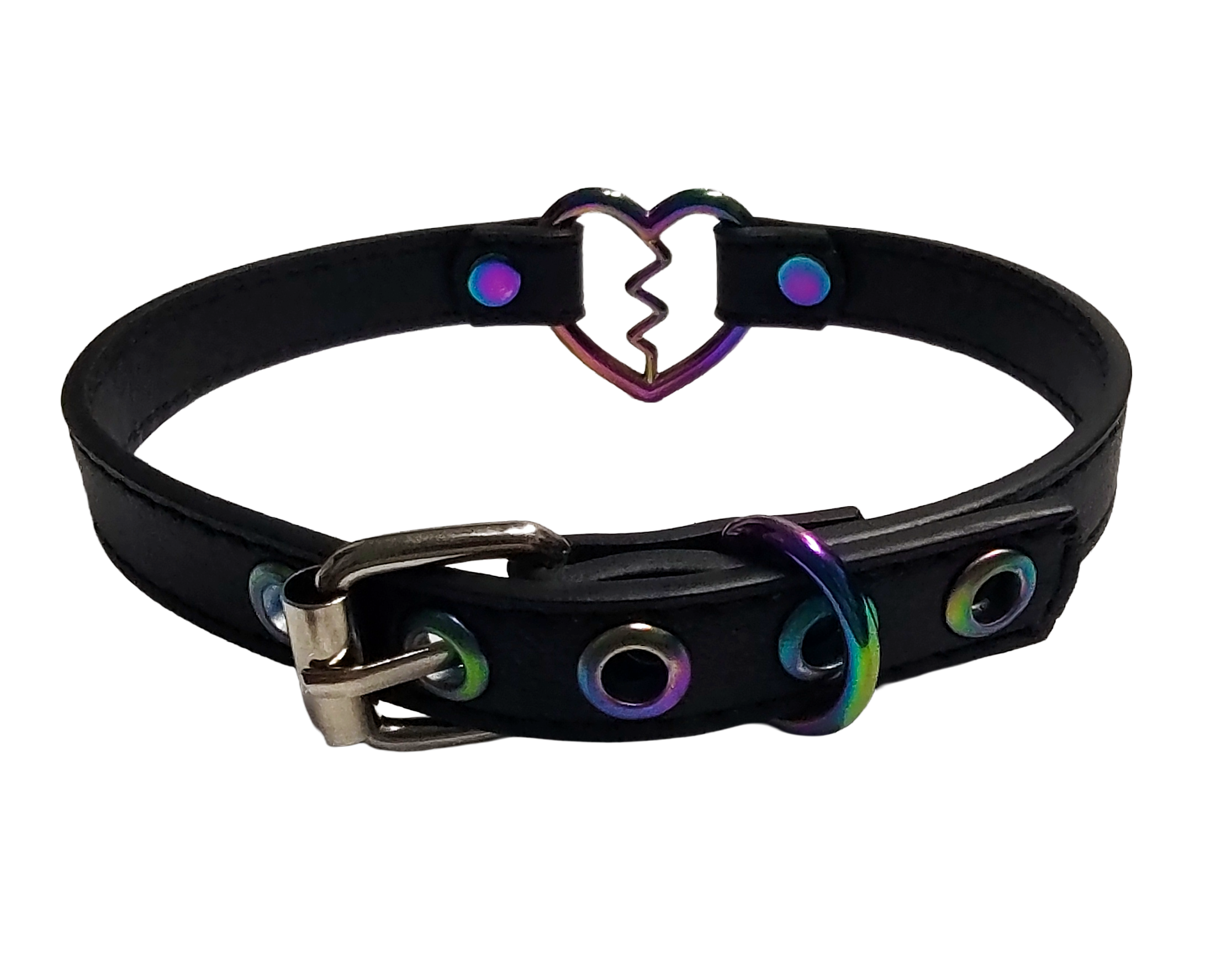 Black faux leather iridescent rainbow heart ring collar with broken heart detail back view