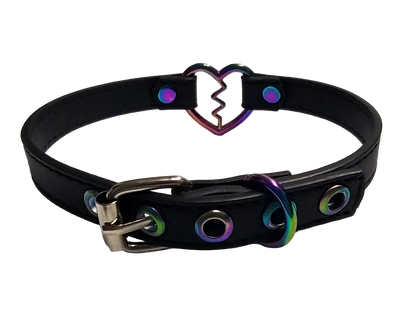 Black faux leather iridescent rainbow heart ring collar with broken heart detail back view