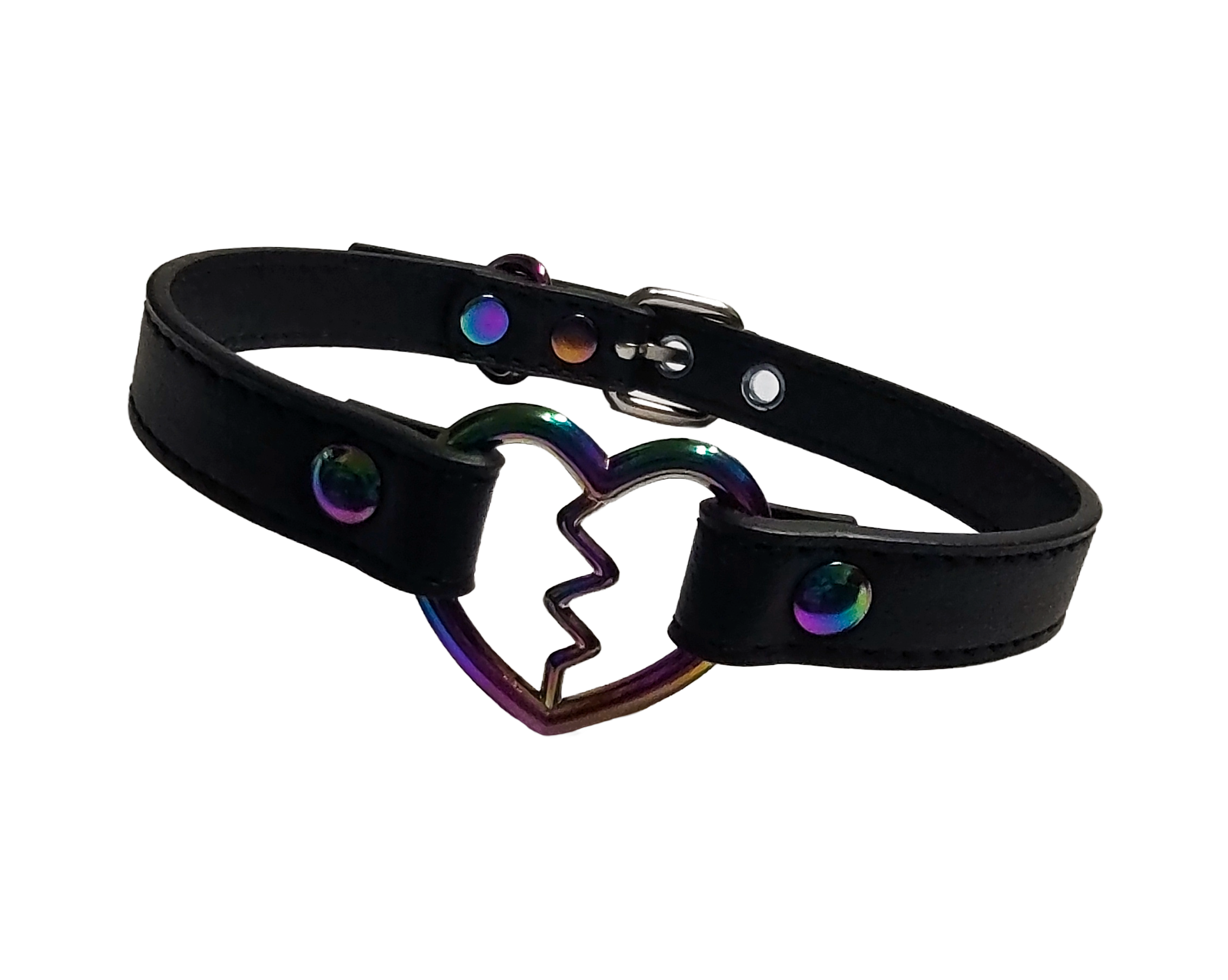Black faux leather iridescent rainbow heart ring collar with broken heart detail front view