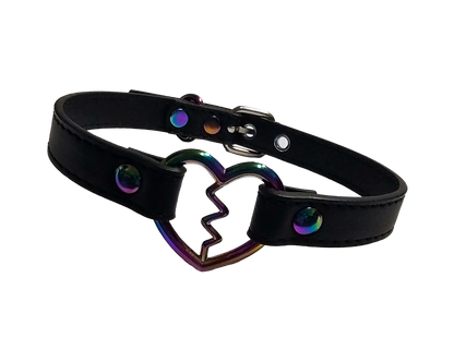 Black faux leather iridescent rainbow heart ring collar with broken heart detail front view
