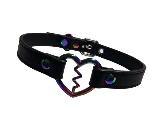 Black faux leather iridescent rainbow heart ring collar with broken heart detail front view