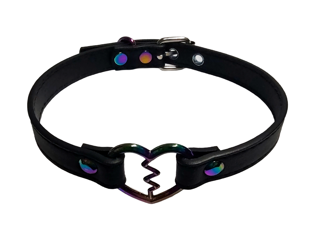 Black faux leather iridescent rainbow heart ring collar with broken heart detail top view