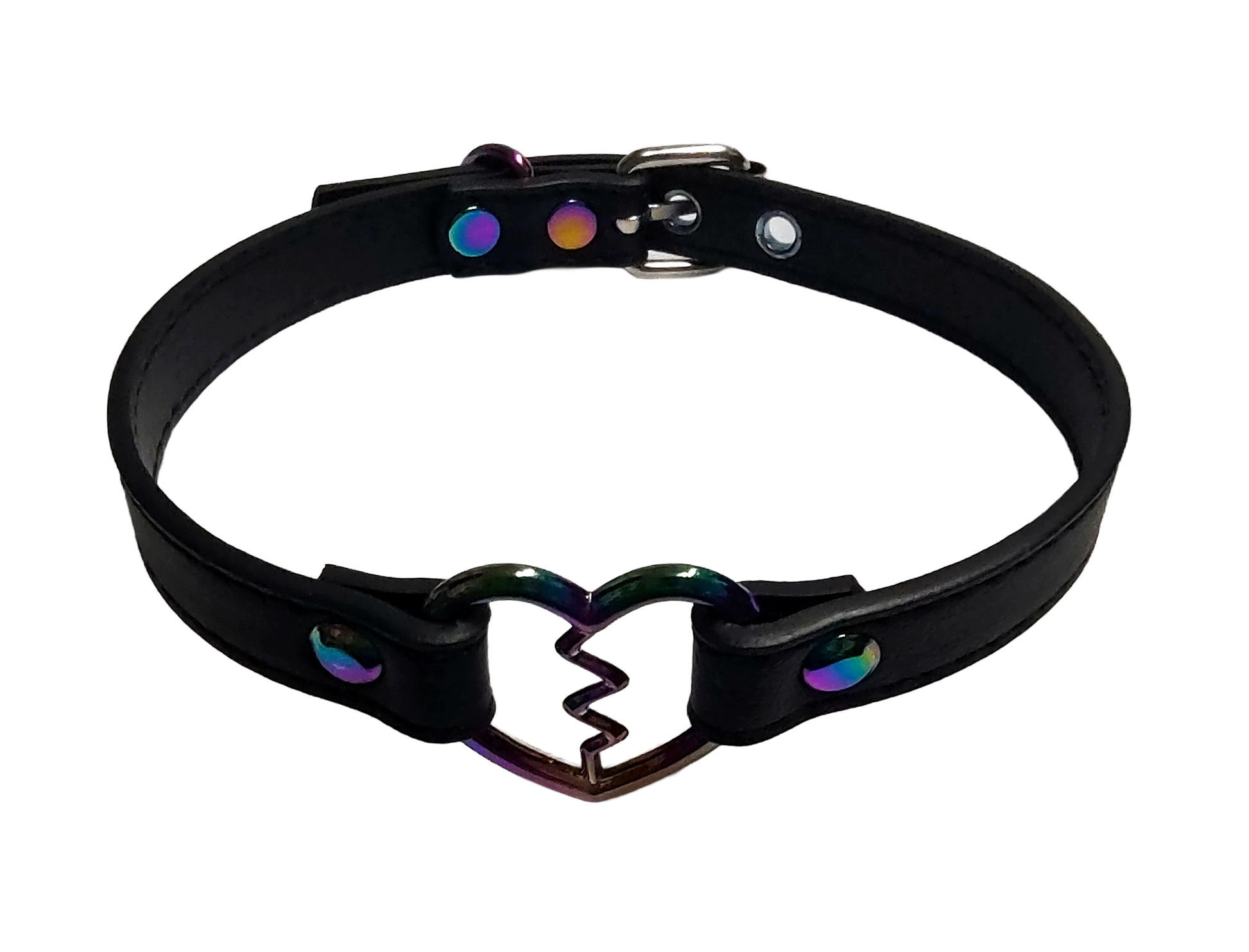 Black faux leather iridescent rainbow heart ring collar with broken heart detail top view
