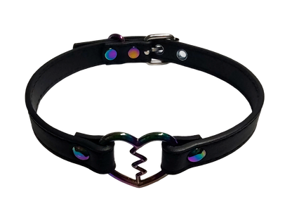 Black faux leather iridescent rainbow heart ring collar with broken heart detail top view