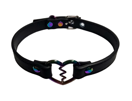 Black faux leather iridescent rainbow heart ring collar with broken heart detail top view
