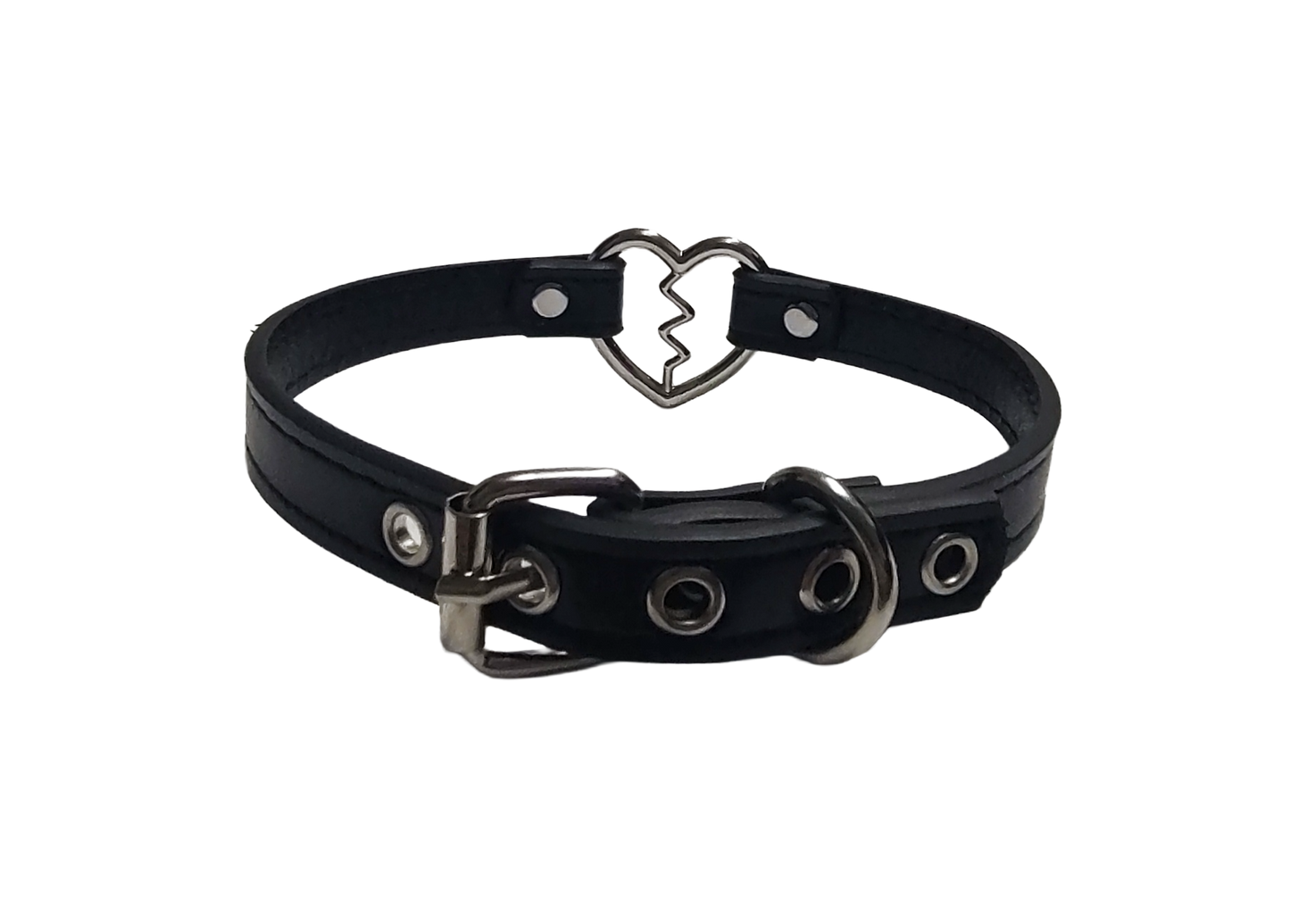 Black faux leather collar with heartbreak heart ring back view