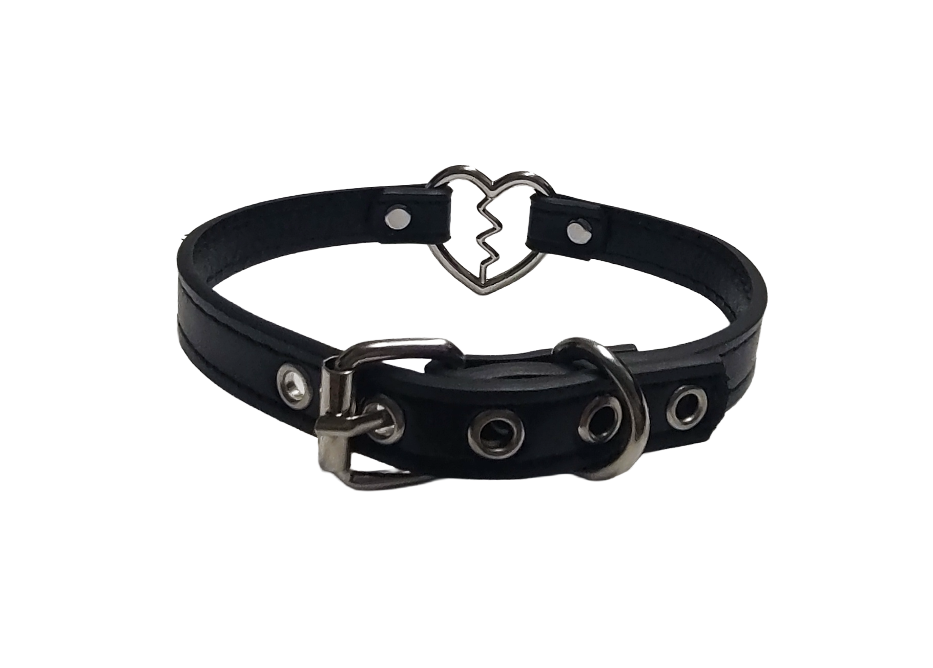 Black faux leather collar with heartbreak heart ring back view