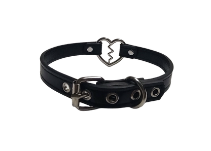 Black faux leather collar with heartbreak heart ring back view