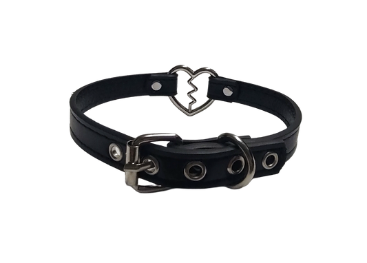 Black faux leather collar with heartbreak heart ring back view