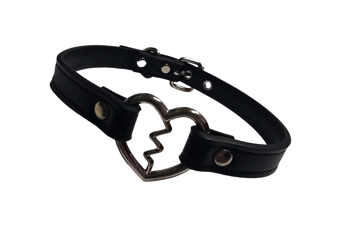 Black faux leather collar with heartbreak heart ring front view