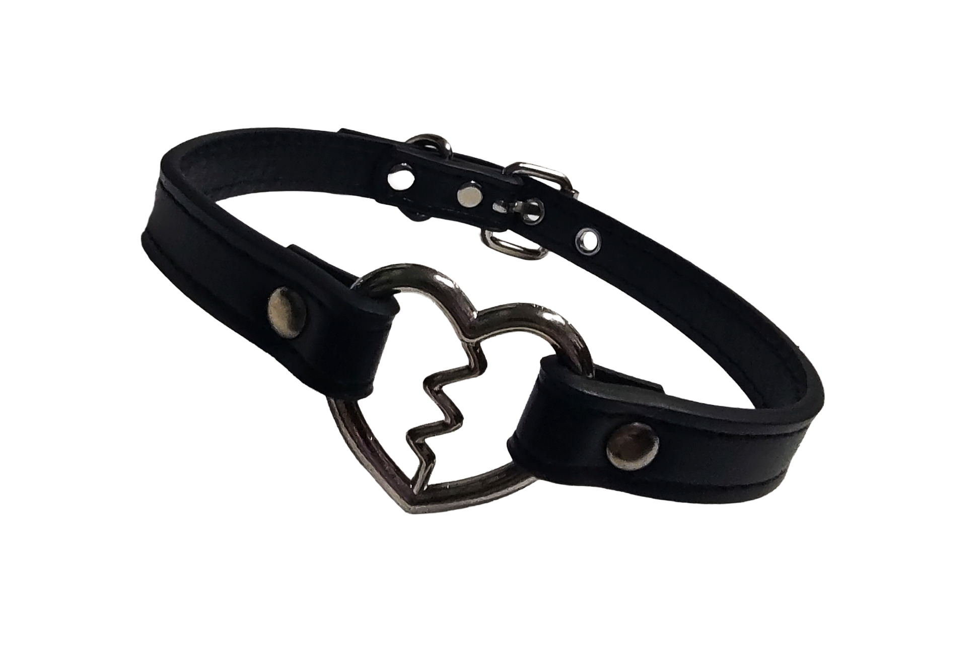 Black faux leather collar with heartbreak heart ring front view