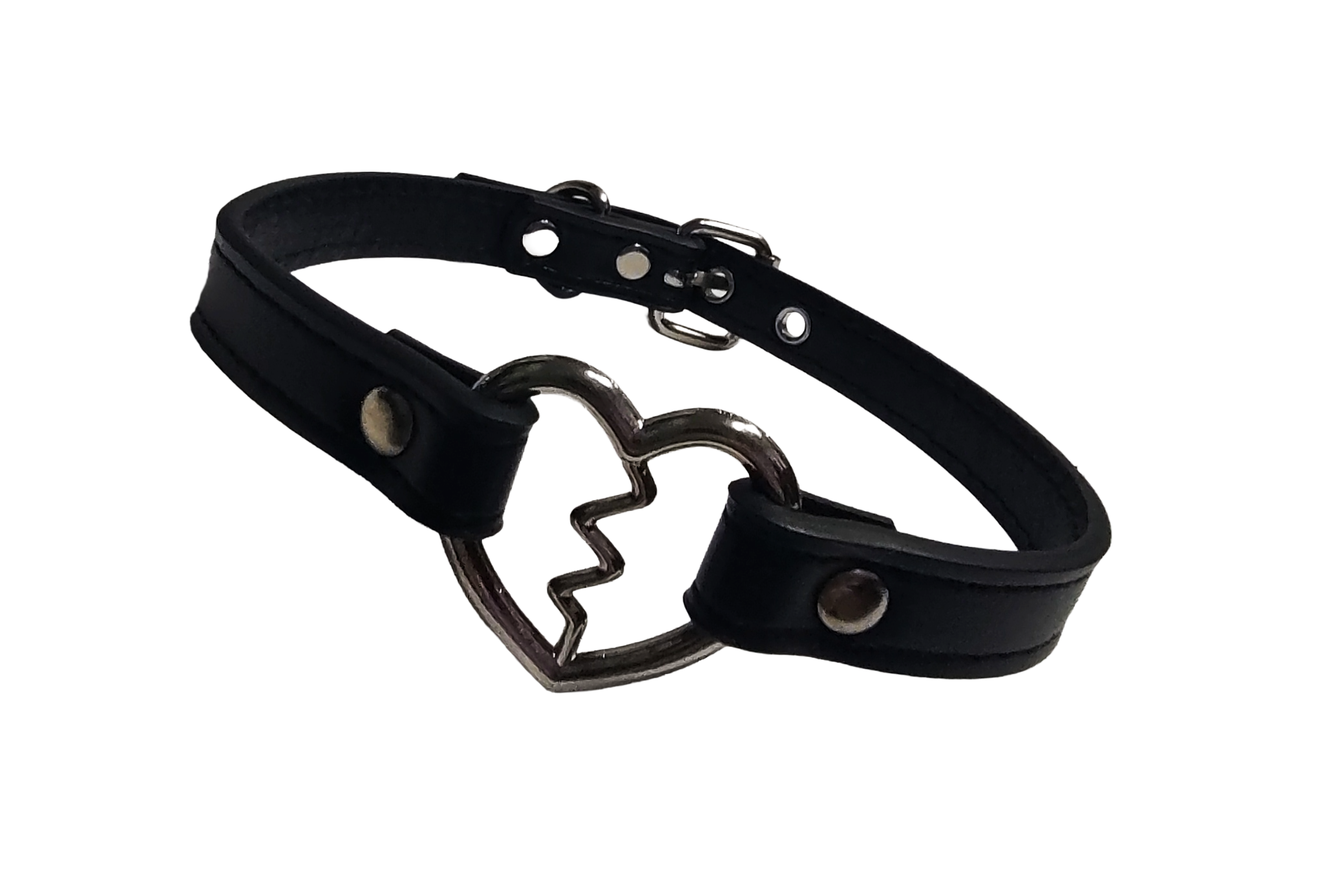 Black faux leather collar with heartbreak heart ring front view